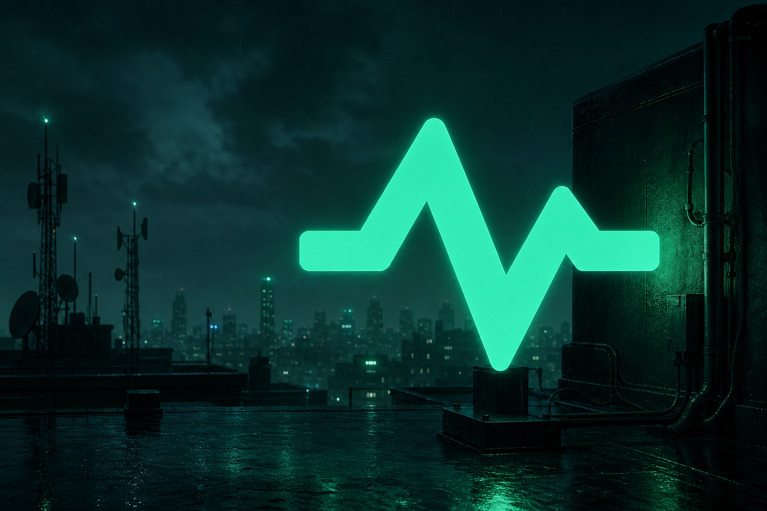 A glowing mint waveform sign on a rain-soaked rooftop above a sleeping city, antennas at its back