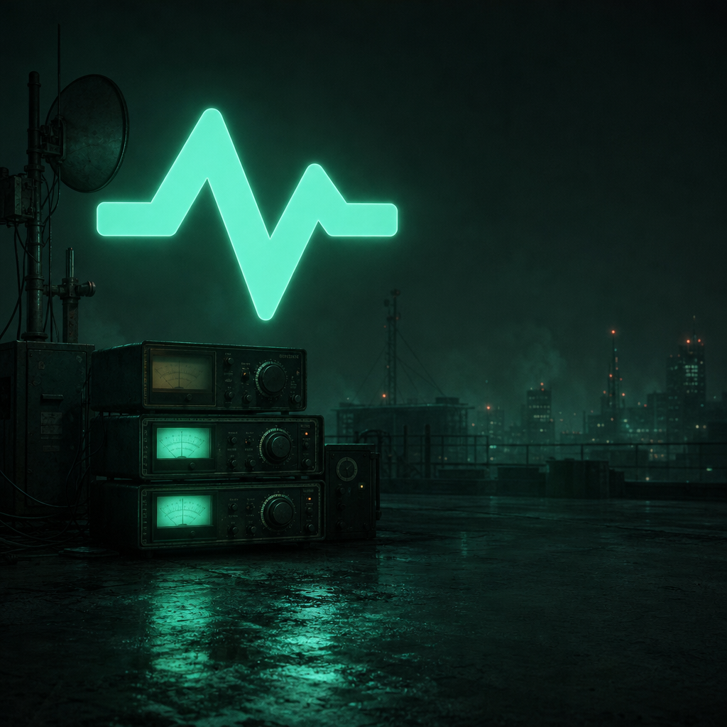 The mint waveform floating above a stack of glowing radio receivers on a dark rooftop